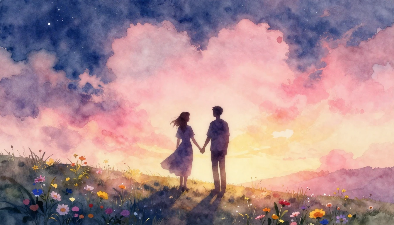 A romantic watercolor painting depicting two silhouettes hol...
