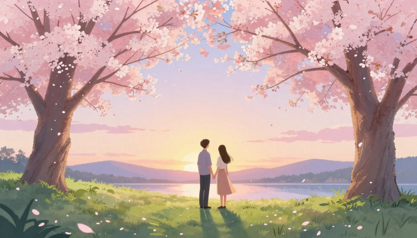 A romantic and dreamy illustration of a couple standing toge...