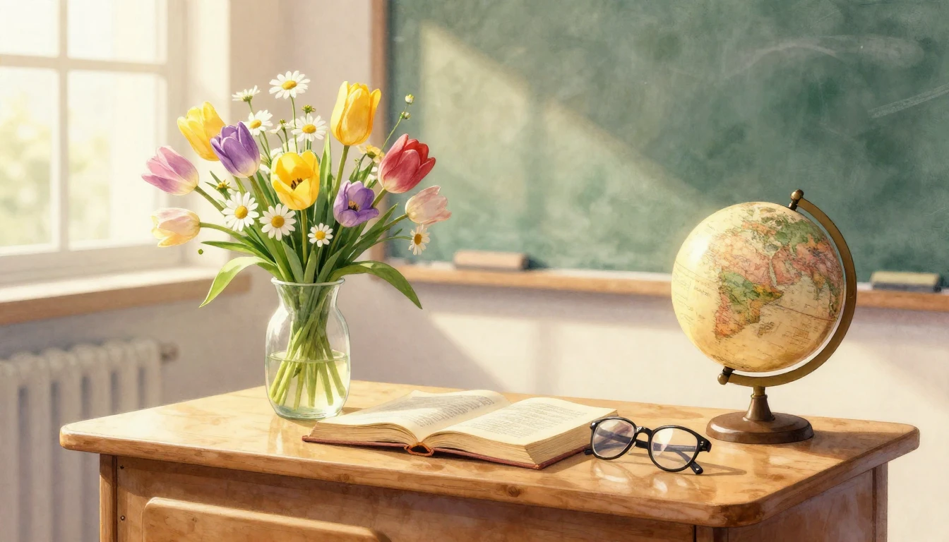 A beautiful and cozy composition of a wooden teacher's desk ...