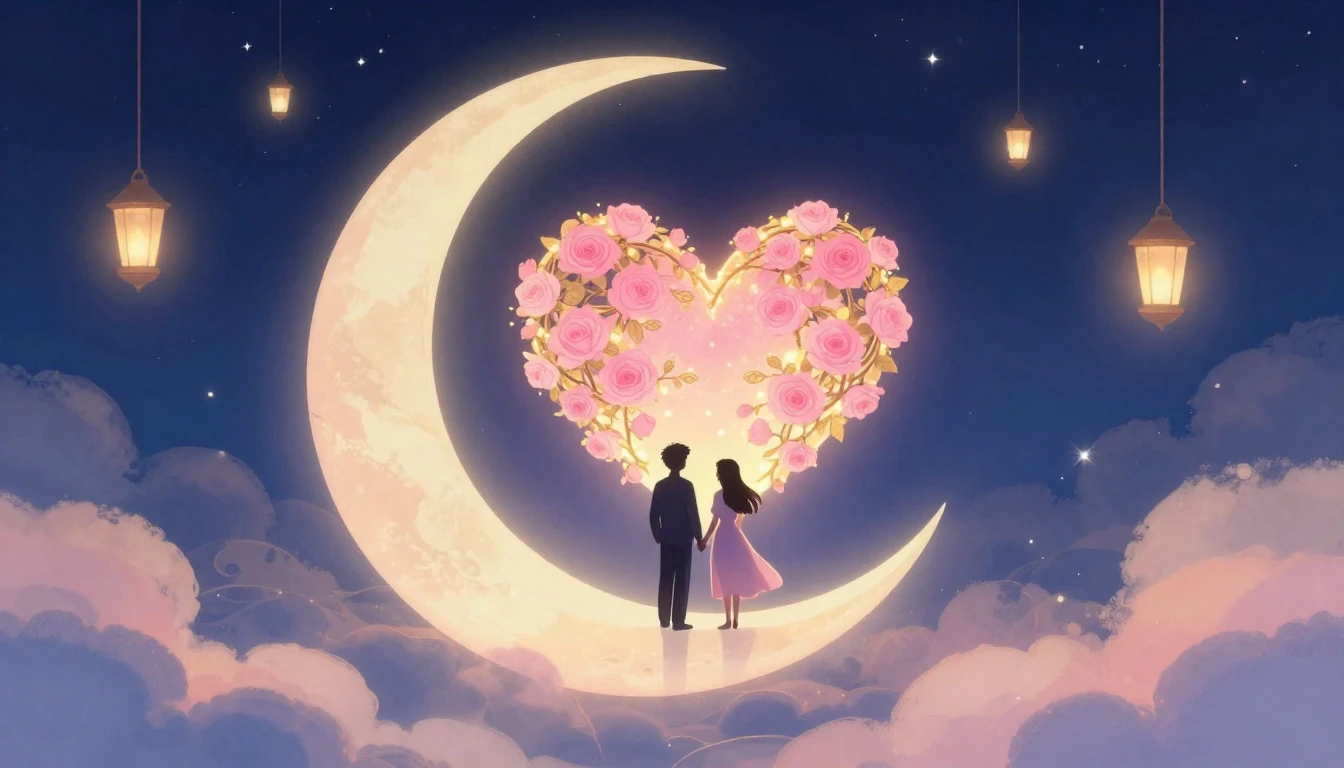 A romantic and dreamy illustration featuring two silhouetted...