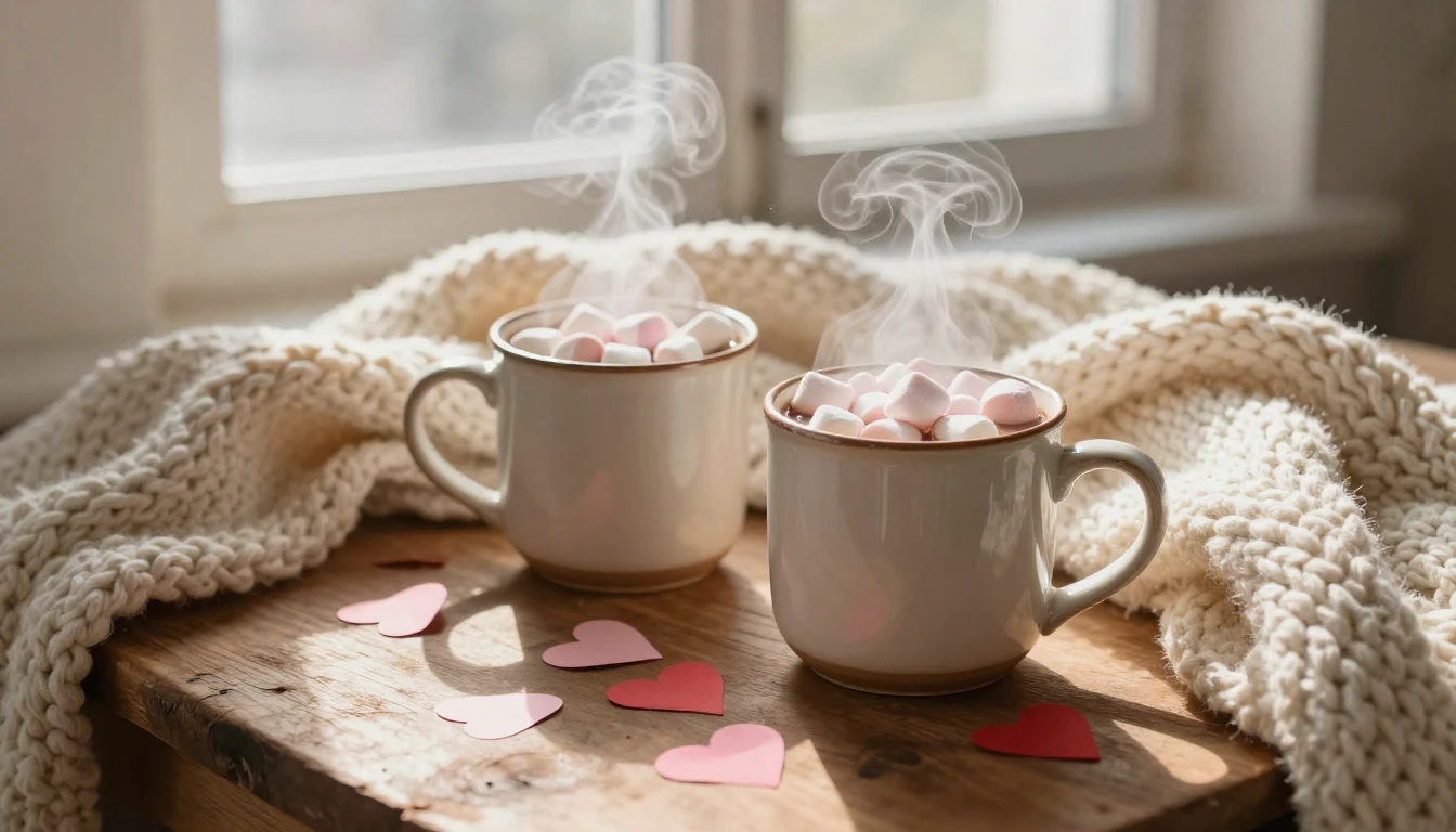 A warm and cozy indoor scene for Valentine's Day. Two cerami...