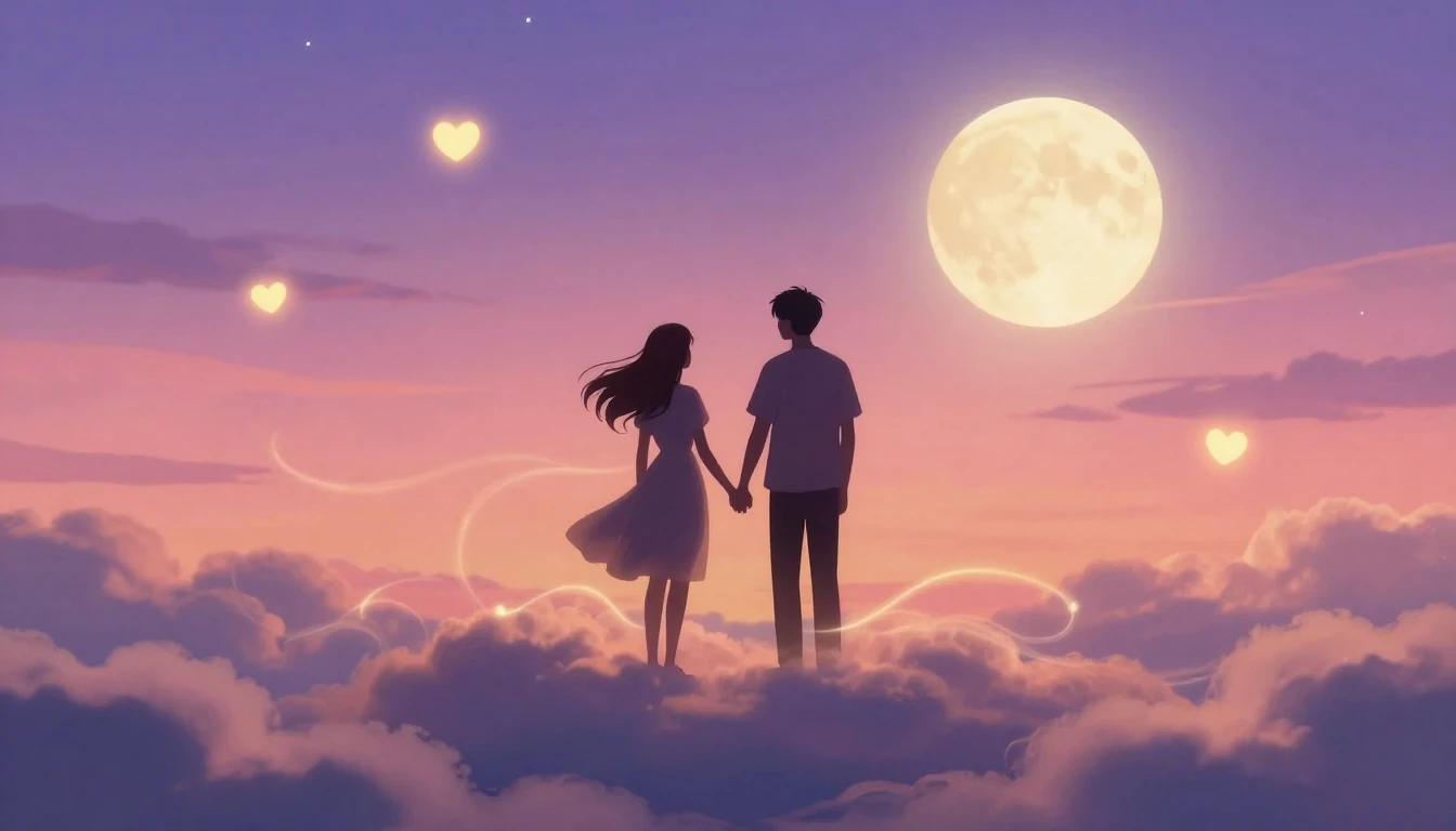A romantic and dreamy illustration featuring two silhouette ...