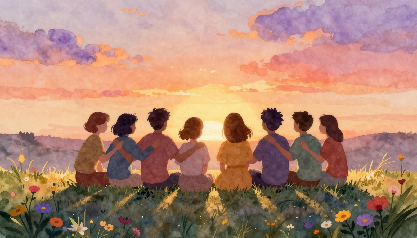 A heartwarming watercolor illustration depicting a group of ...