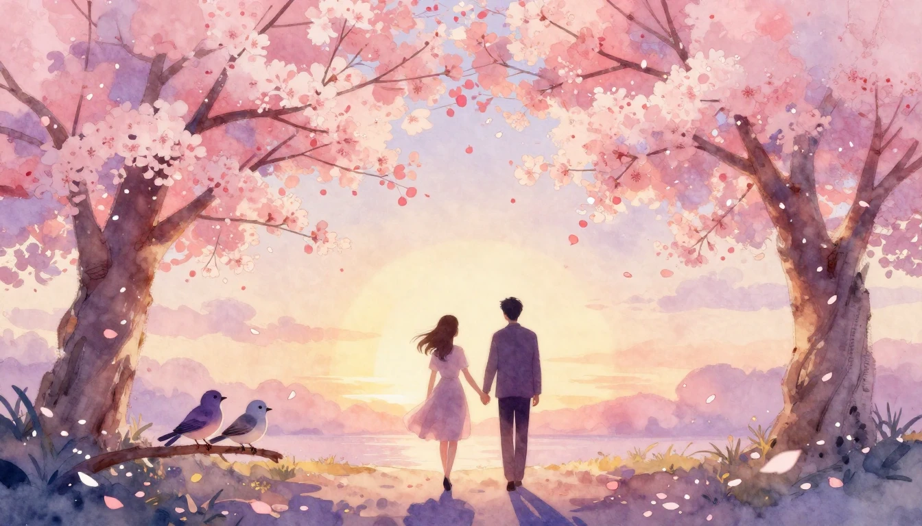 A romantic and dreamy watercolor painting depicting two silh...