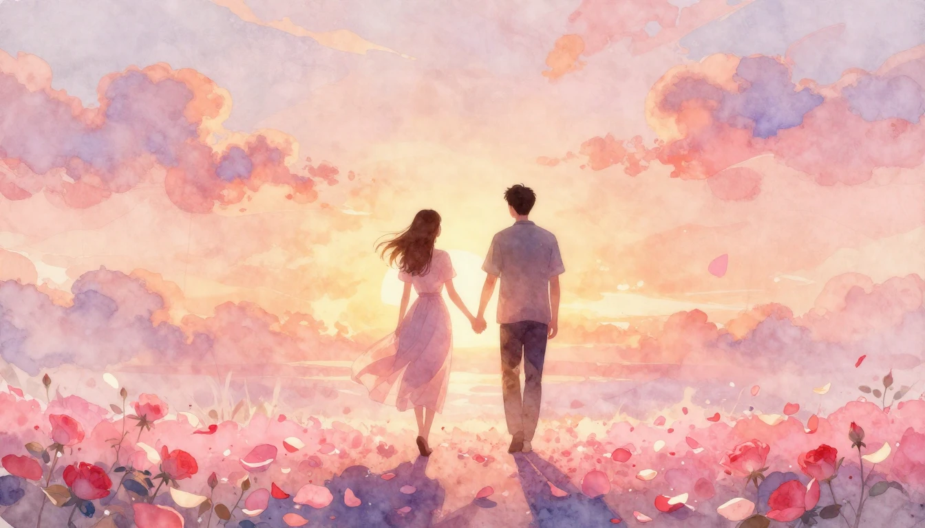 A dreamy and romantic watercolor painting depicting a couple...