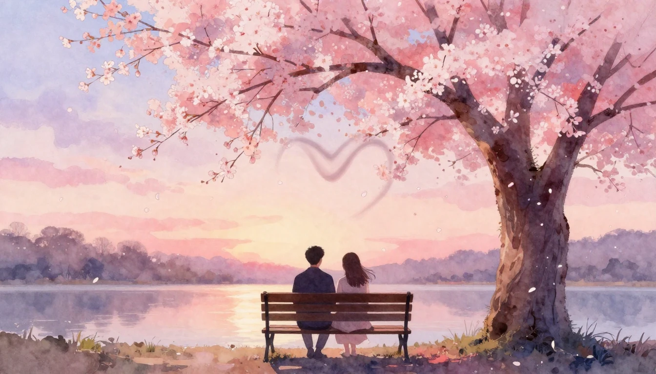 A romantic and dreamy watercolor painting featuring a silhou...