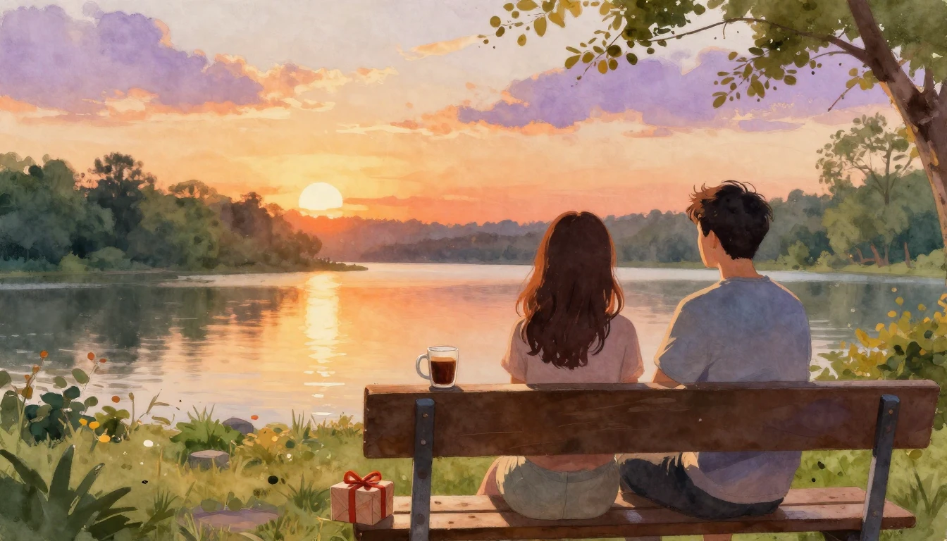 A cozy and warm outdoor scene at sunset, two friends sitting...