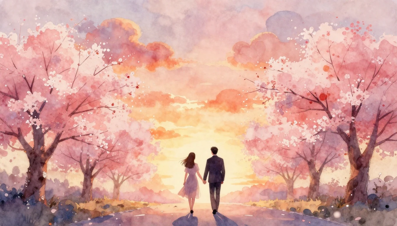 A romantic watercolor painting featuring silhouettes of a co...