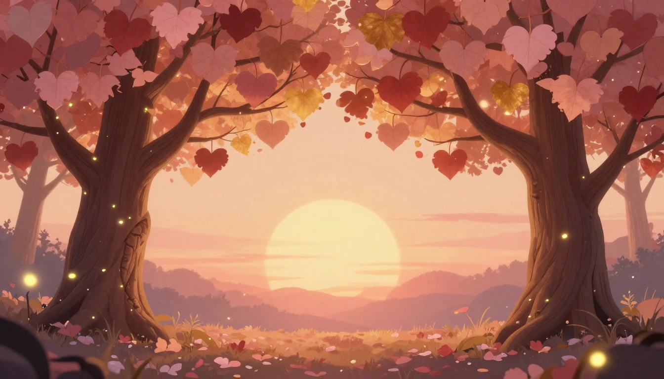 A romantic and dreamlike scene featuring two stylized trees ...