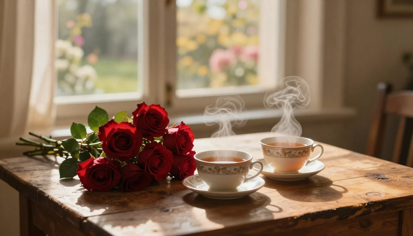 A romantic and cozy scene depicting a warm indoor setting. O...