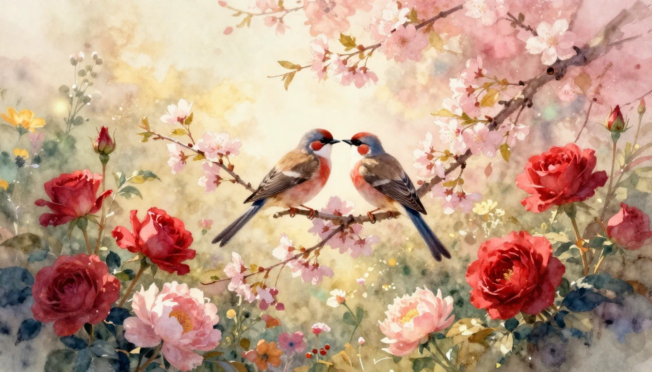 A soft and romantic watercolor painting depicting a serene, ...