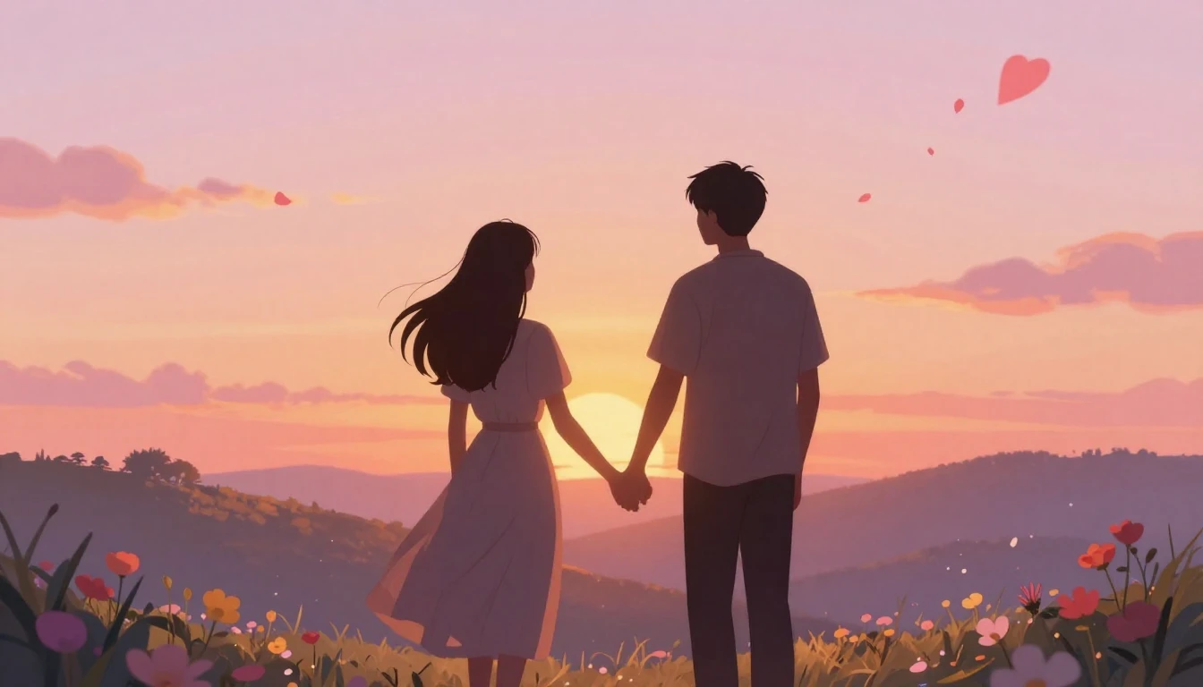 A romantic and soft illustration depicting two silhouettes h...