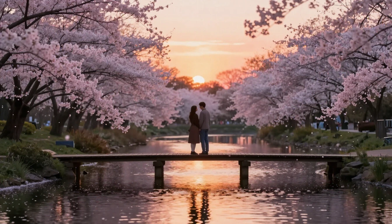 A dreamy and romantic scene featuring two silhouettes of a l...