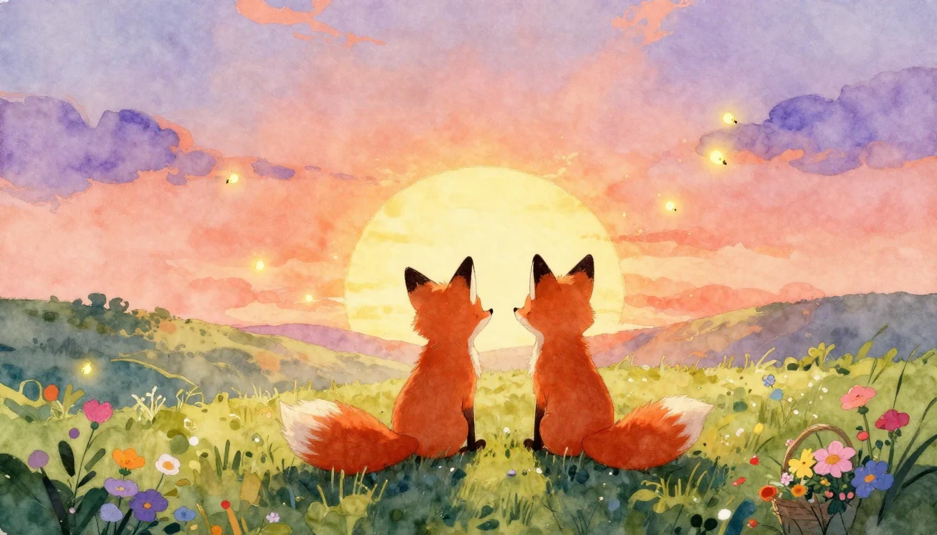 A whimsical watercolor painting depicting two stylized foxes...