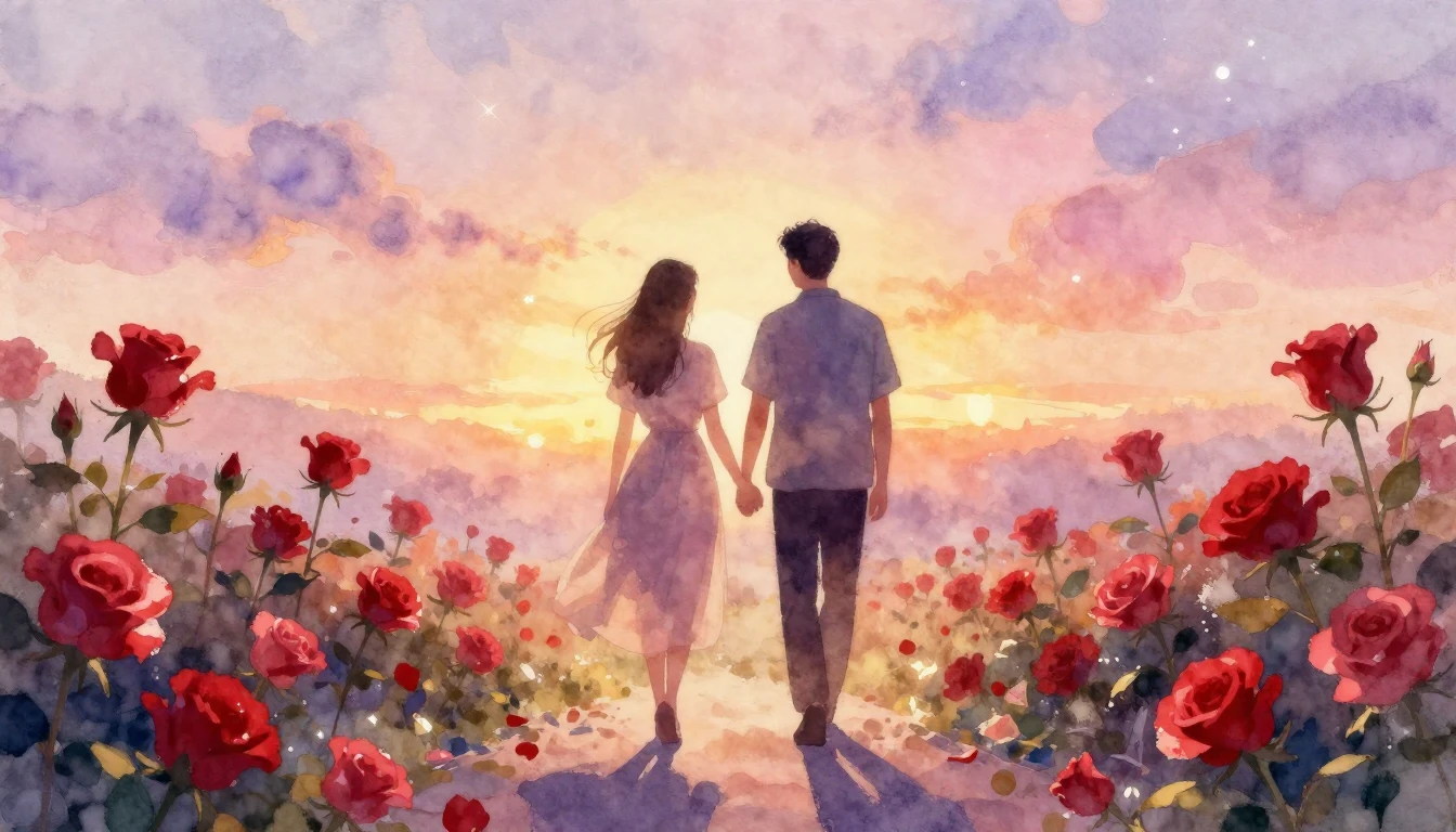 A soft and romantic watercolor painting depicting a silhouet...