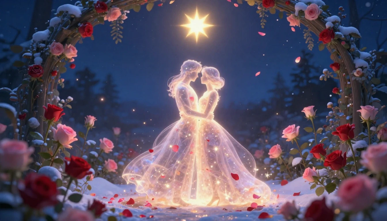 A romantic and surreal scene depicting a secret garden in wi...