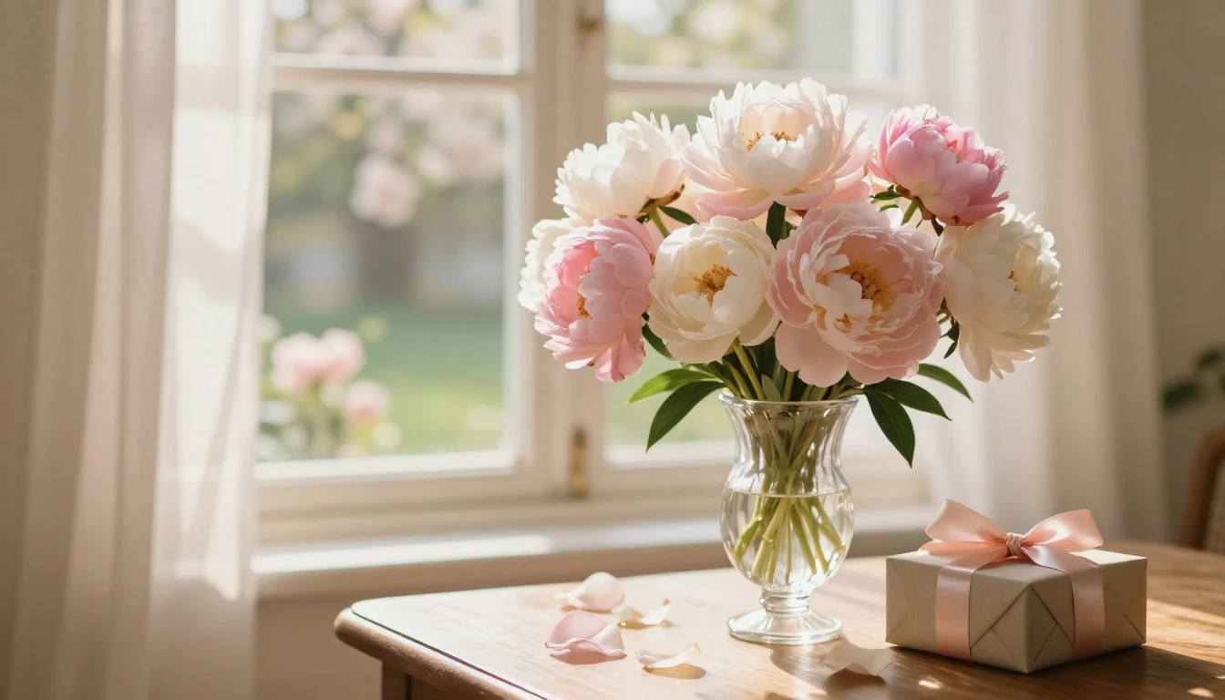 A dreamy and romantic scene featuring a delicate bouquet of ...