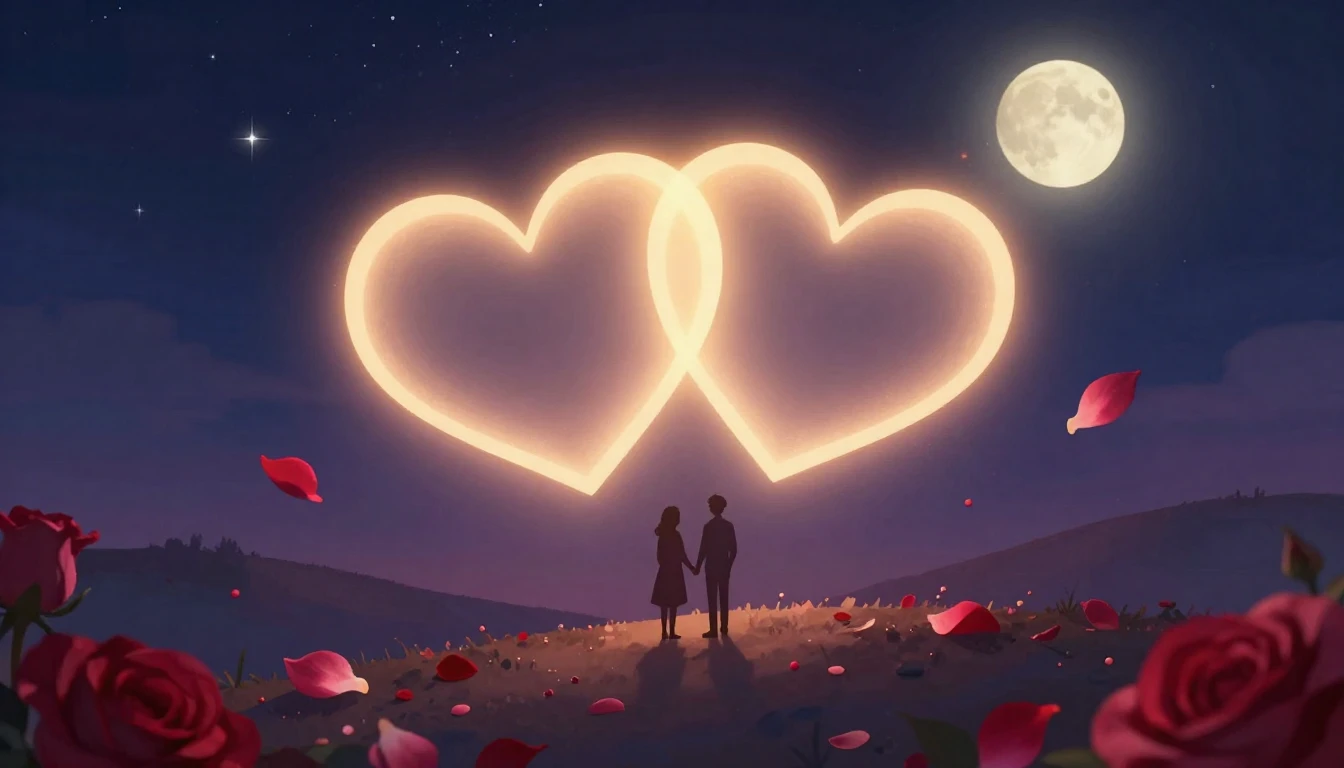 A warm, romantic illustration featuring two intertwined glow...
