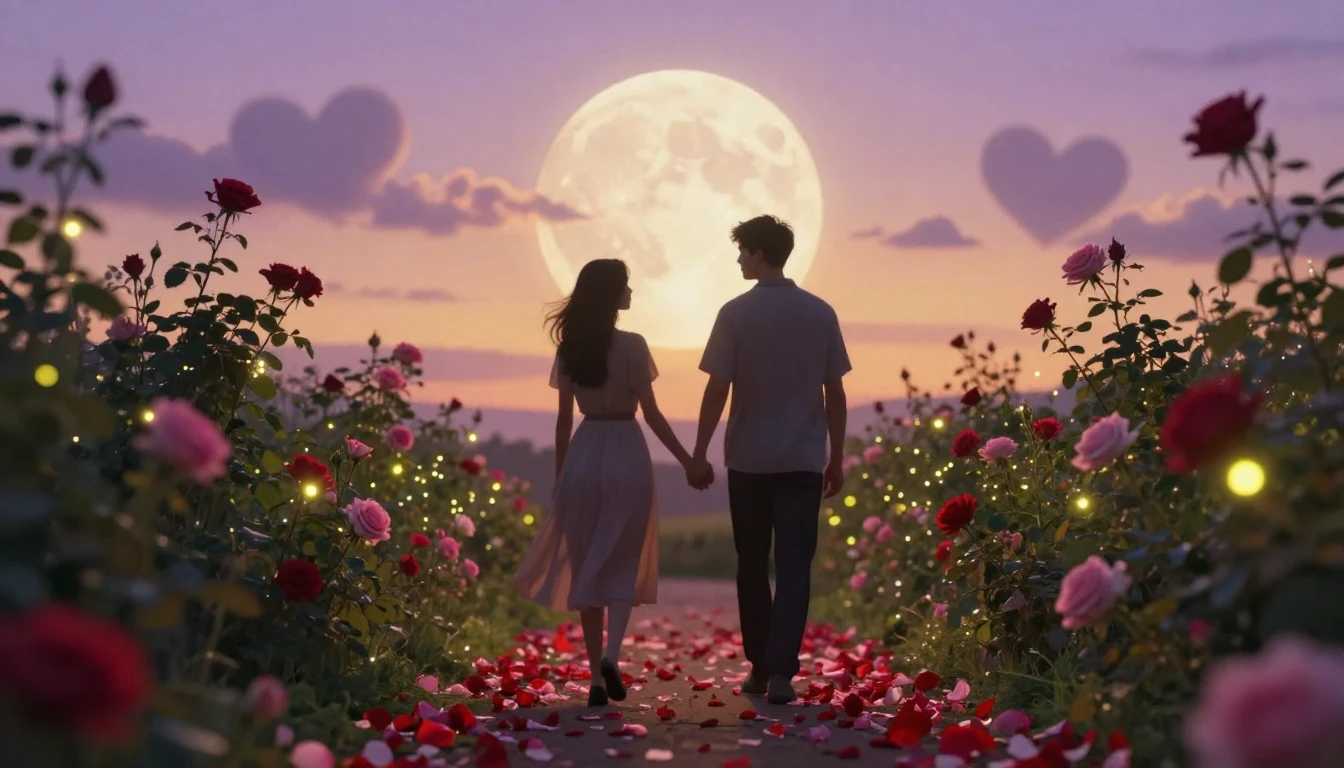 A romantic and dreamlike scene featuring two silhouettes hol...
