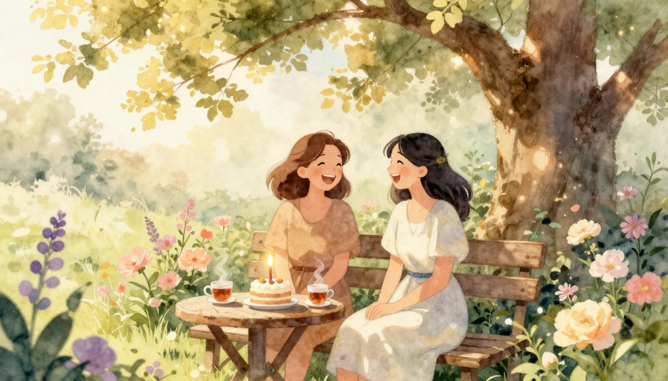 A warm and cozy watercolor illustration of two close friends...