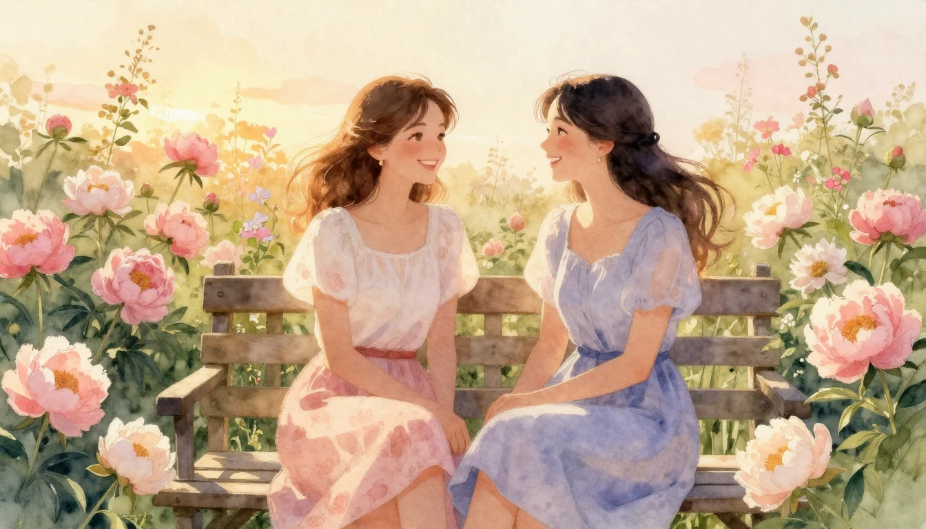 A beautiful watercolor illustration of two female friends si...
