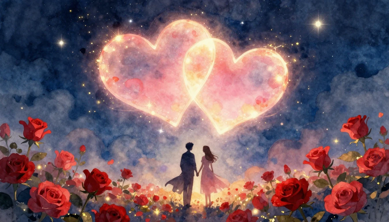 A dreamy and romantic scene featuring two intertwined glowin...