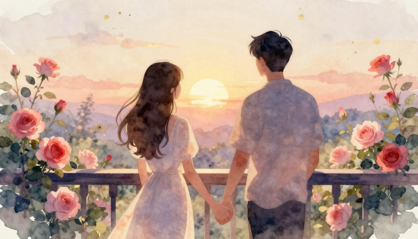 A beautiful watercolor illustration capturing a romantic and...