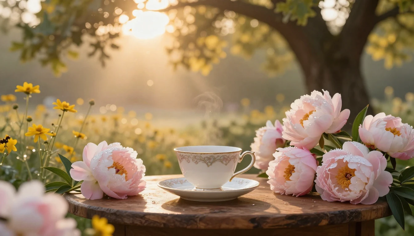 A serene and elegant scene featuring a blooming garden at su...