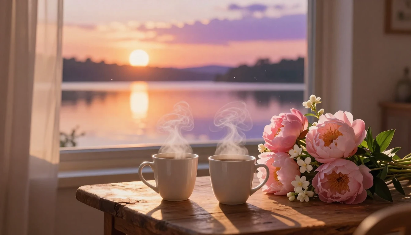 A romantic and cozy indoor scene during a golden hour sunset...