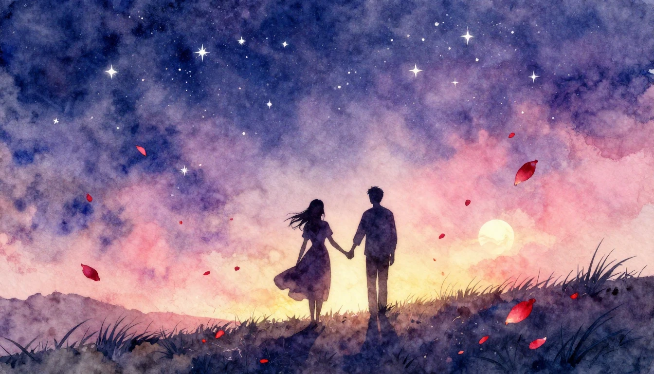 A dreamy watercolor painting depicting two silhouettes holdi...