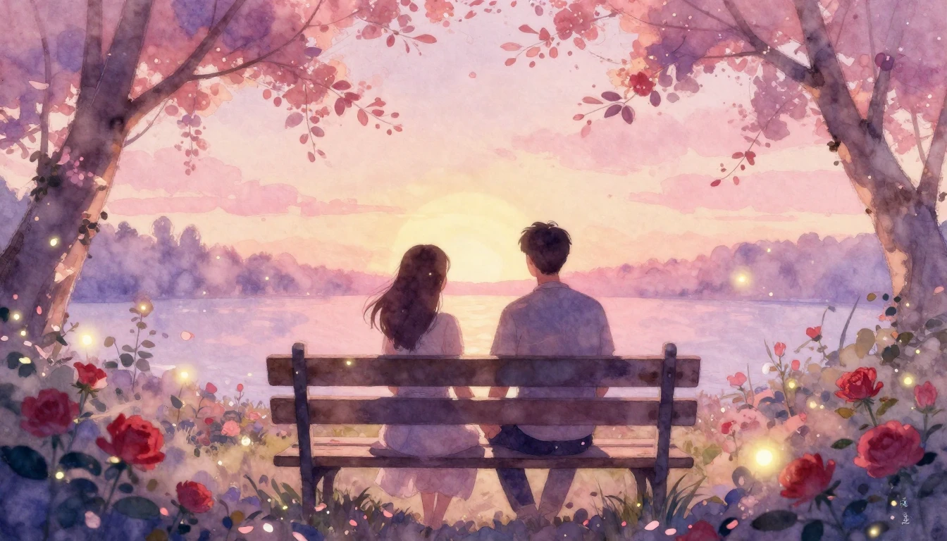 A romantic soft watercolor painting of a couple sitting on a...