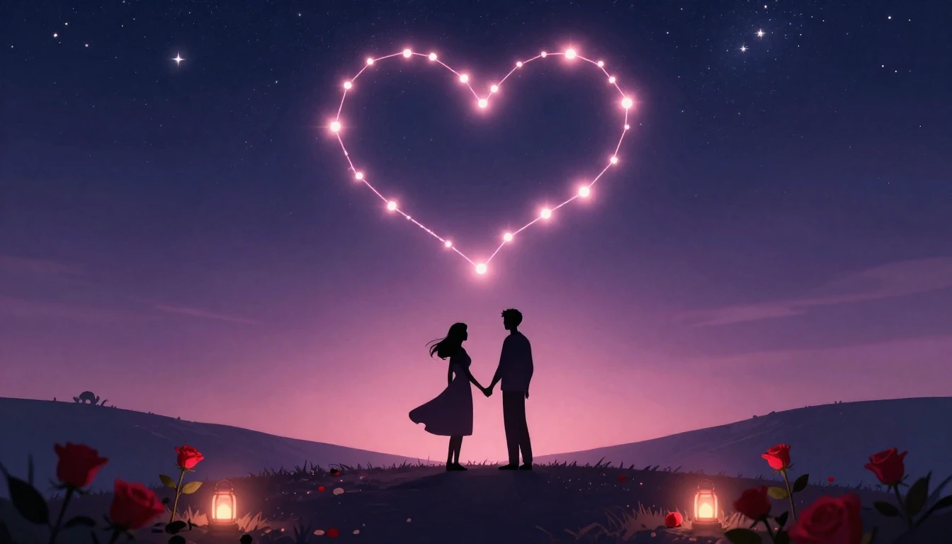 A romantic and dreamy illustration depicting a silhouette of...