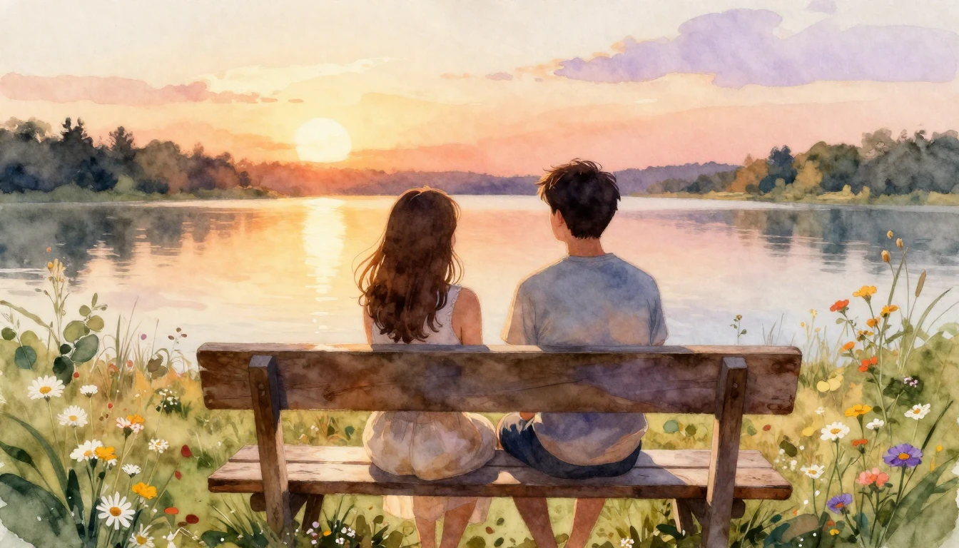 A heartwarming watercolor painting of two close friends sitt...