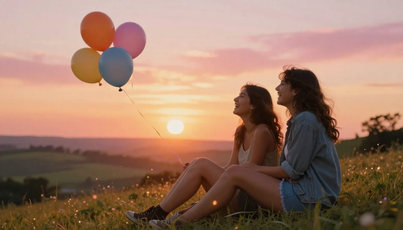 A heartwarming scene of two close friends sitting on a grass...