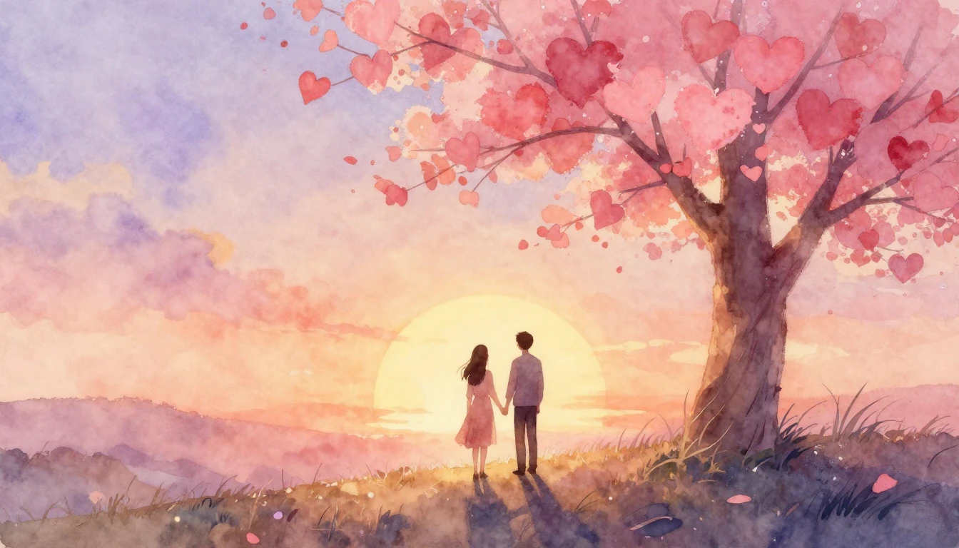 A soft and dreamy watercolor painting depicting a romantic s...
