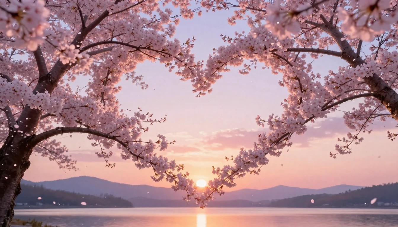 A romantic and dreamy scene featuring two intertwining cherr...