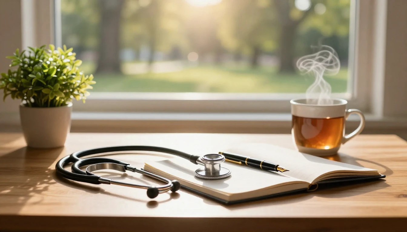 A serene and elegant composition featuring a wooden doctor's...