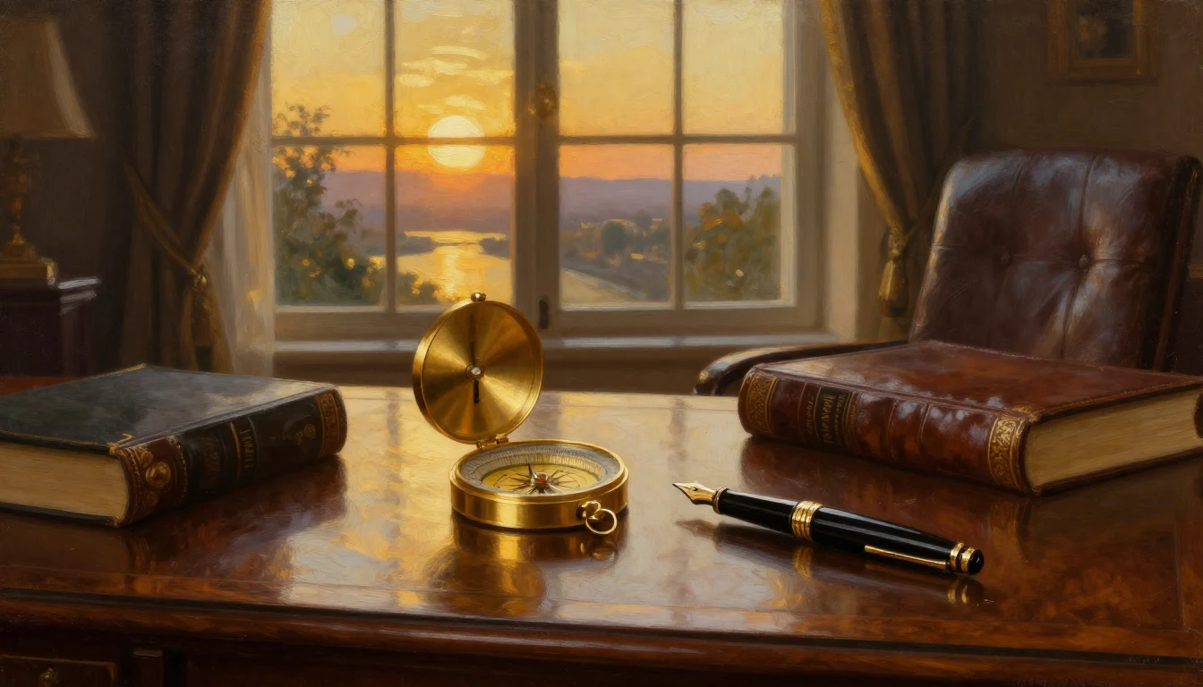 An elegant, warm-toned oil painting of a sophisticated execu...