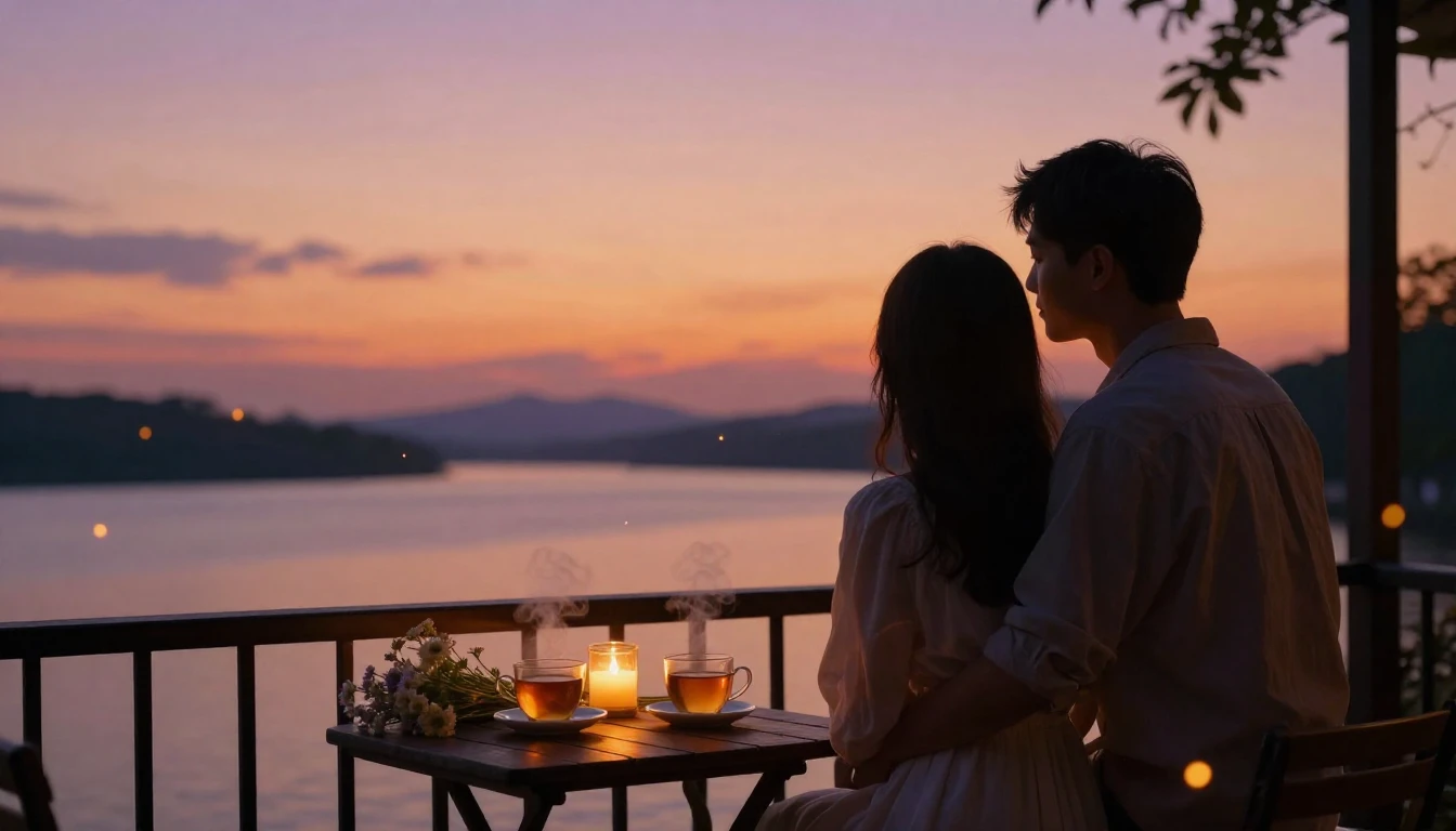 A romantic and cozy scene at sunset, featuring two silhouett...