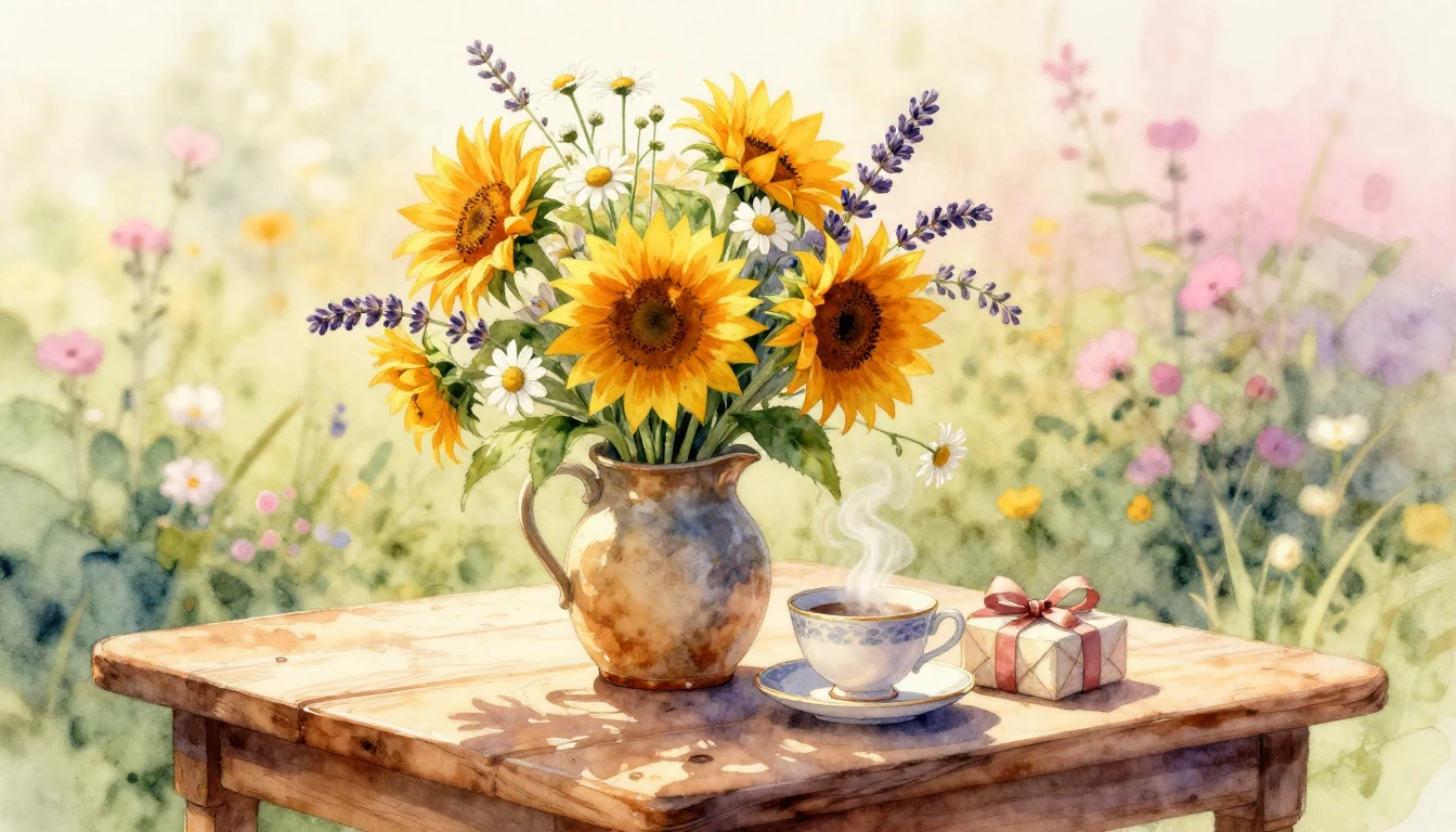 A beautiful watercolor painting of a cozy wooden table bathe...