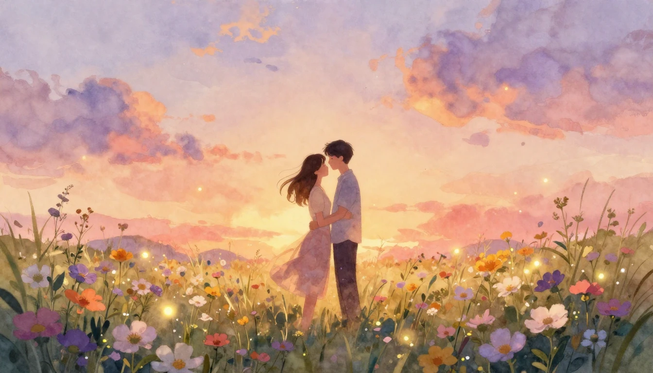 A dreamy and romantic watercolor illustration of two lovers ...