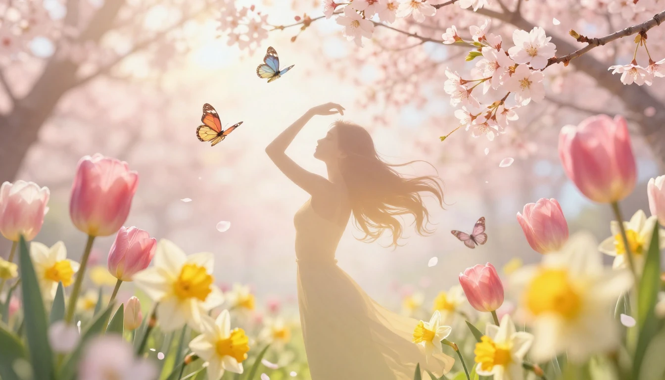 A beautiful spring scene celebrating femininity and nature. ...
