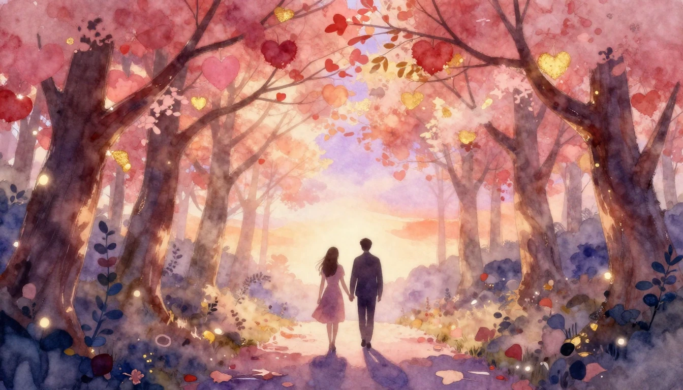 A soft and dreamy watercolor painting depicting two silhouet...