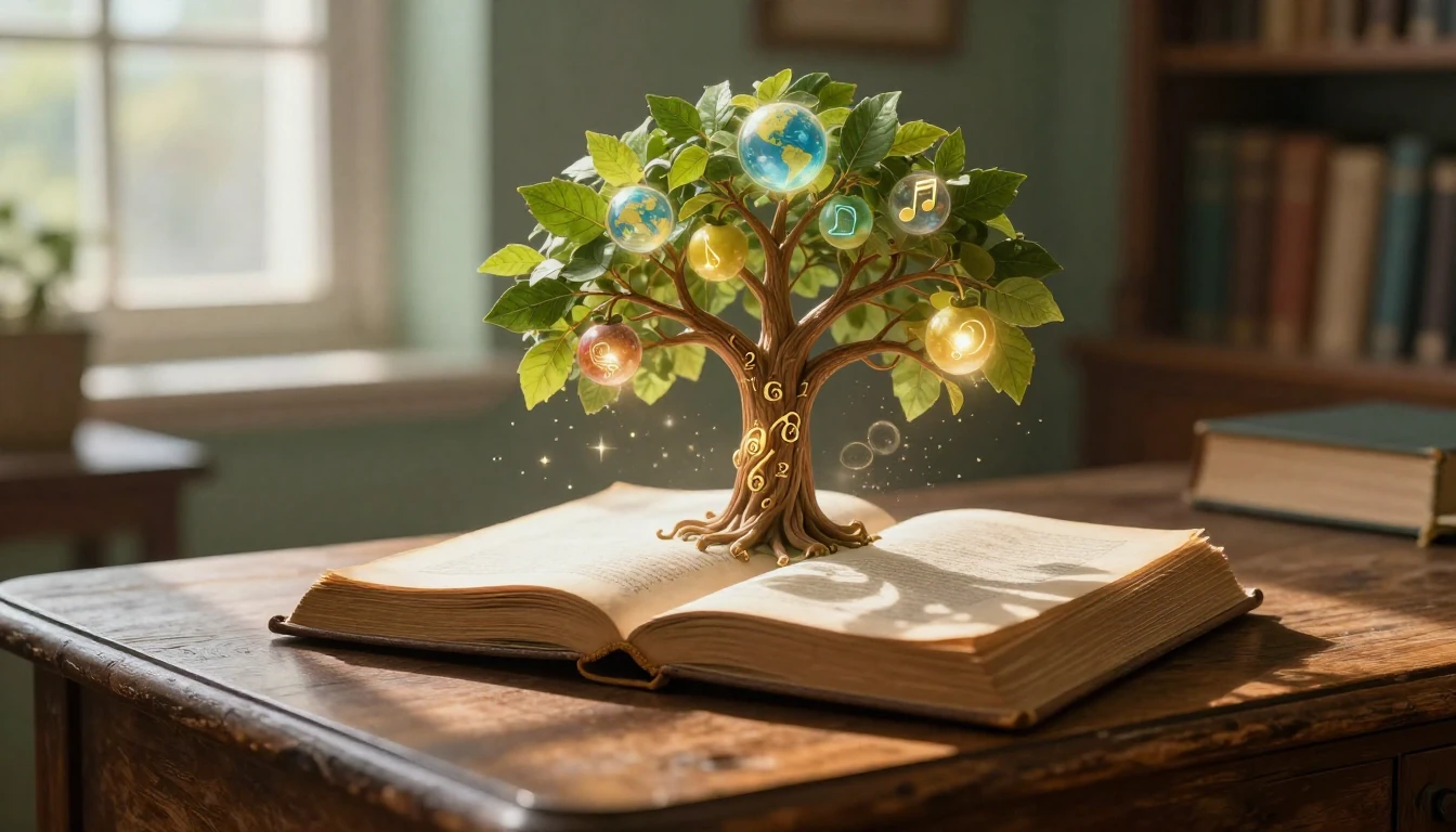 A magical, open vintage book resting on an old oak desk. Fro...