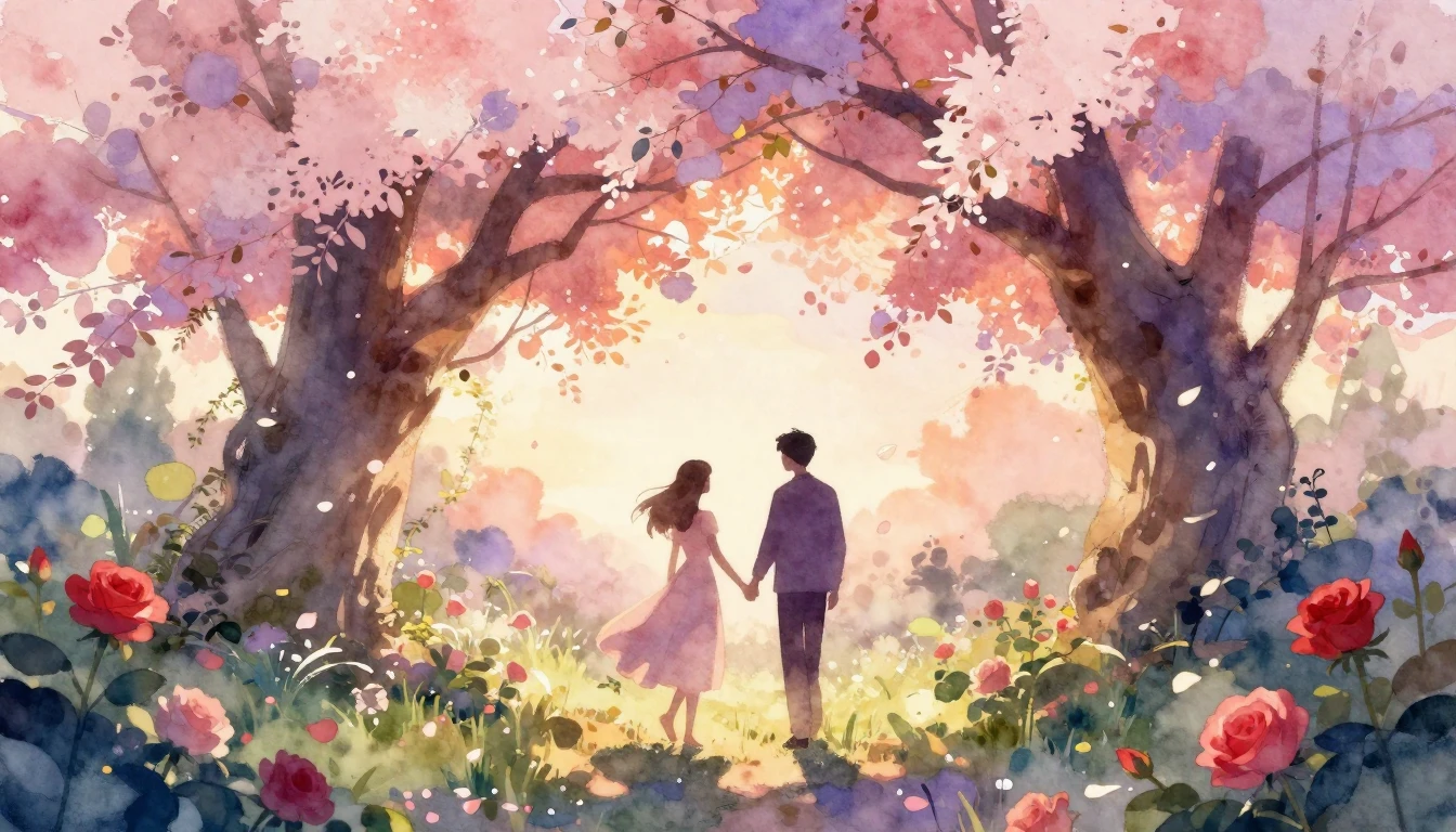 A romantic watercolor illustration featuring two silhouette ...