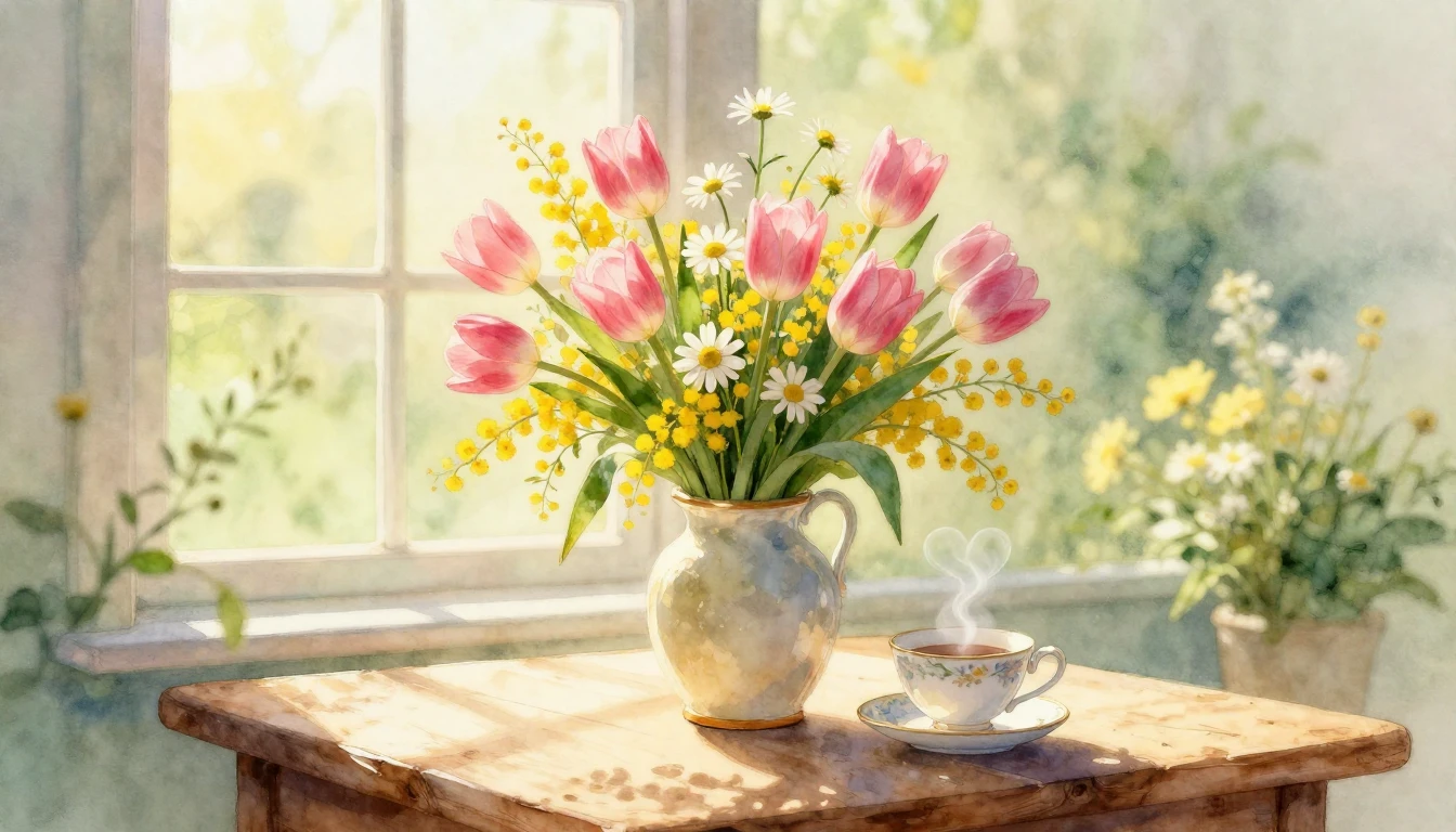 A soft and dreamy watercolor painting depicting a beautiful ...