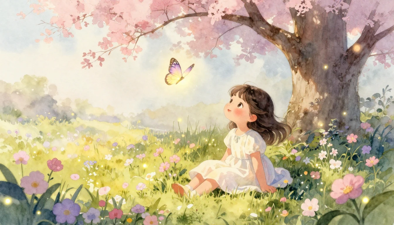 A heartwarming, gentle watercolor painting of a young girl s...