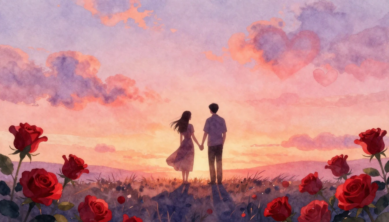 A soft and dreamy watercolor painting depicting a romantic s...