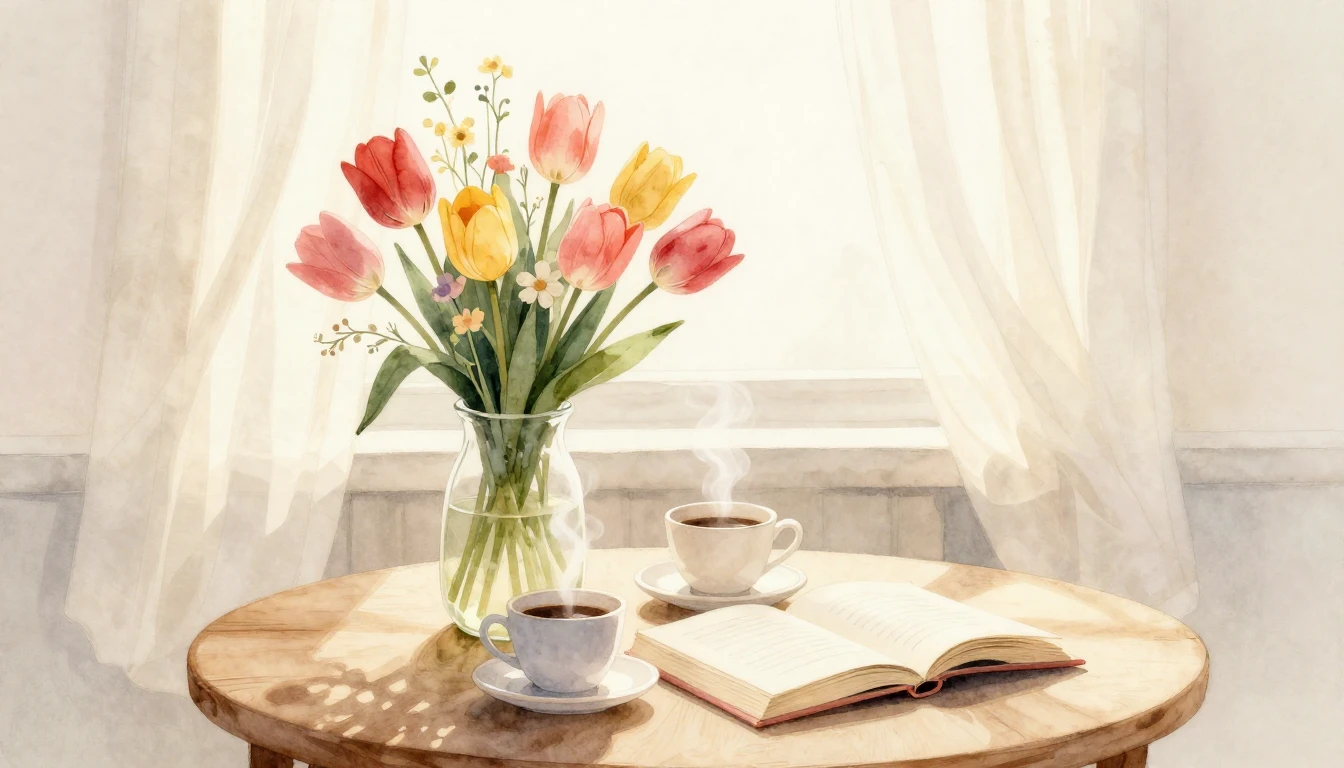 A romantic and gentle watercolor illustration depicting a co...