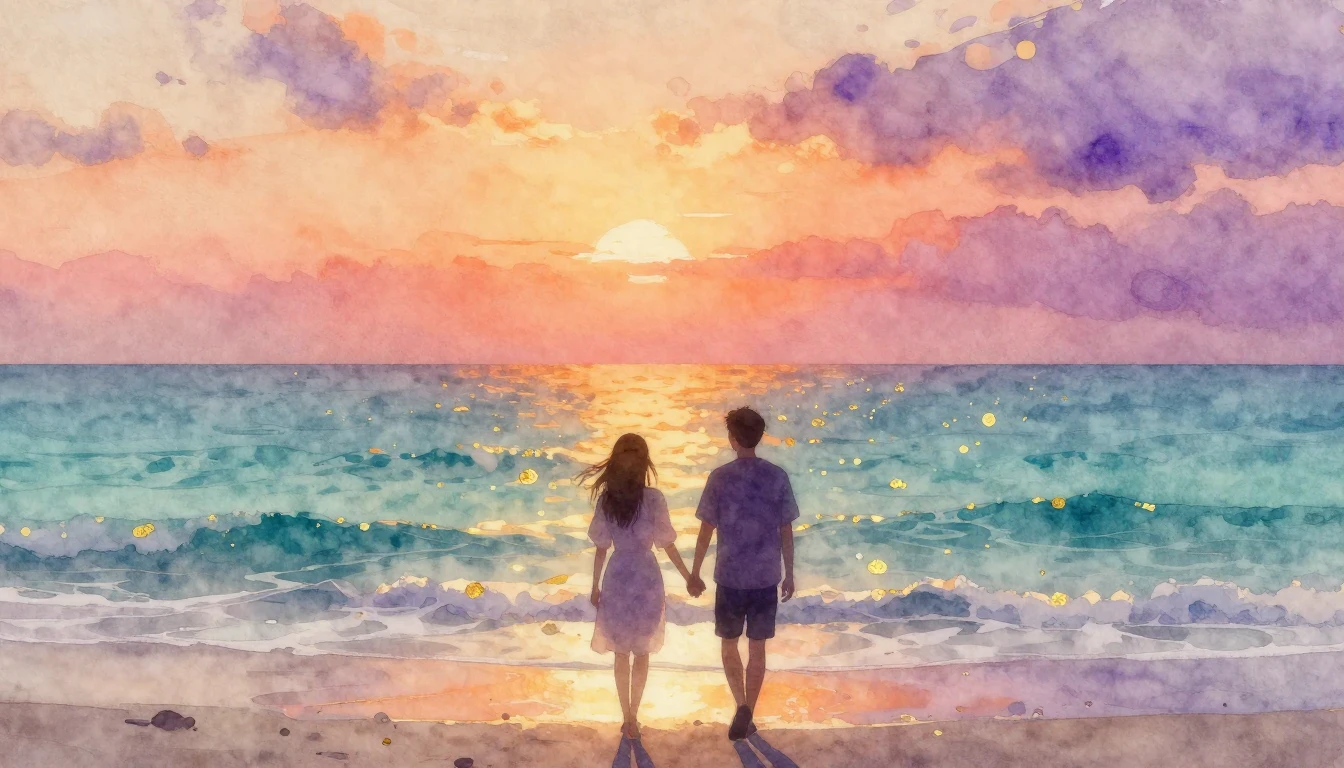 A dreamy and romantic watercolor painting of two silhouetted...